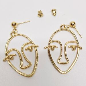 Gold Abstract Picasso Face Earrings Modern Art Statement Dangle Jewelry 2"